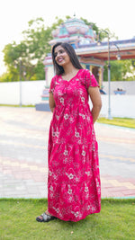 Elegant Magenta Pink Botanical Print Alpine Frock - 3-Layered Long Gown with Petal Sleeves and Practical Side Pocket - Breathable Alpine Full Frock your Stylish Nightwear