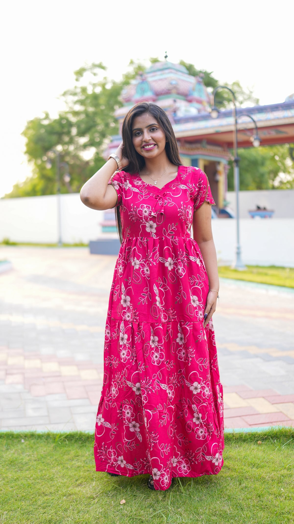 Elegant Magenta Pink Botanical Print Alpine Frock - 3-Layered Long Gown with Petal Sleeves and Practical Side Pocket - Breathable Alpine Full Frock your Stylish Nightwear