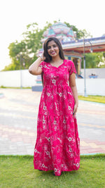 Elegant Magenta Pink Botanical Print Alpine Frock - 3-Layered Long Gown with Petal Sleeves and Practical Side Pocket - Breathable Alpine Full Frock your Stylish Nightwear