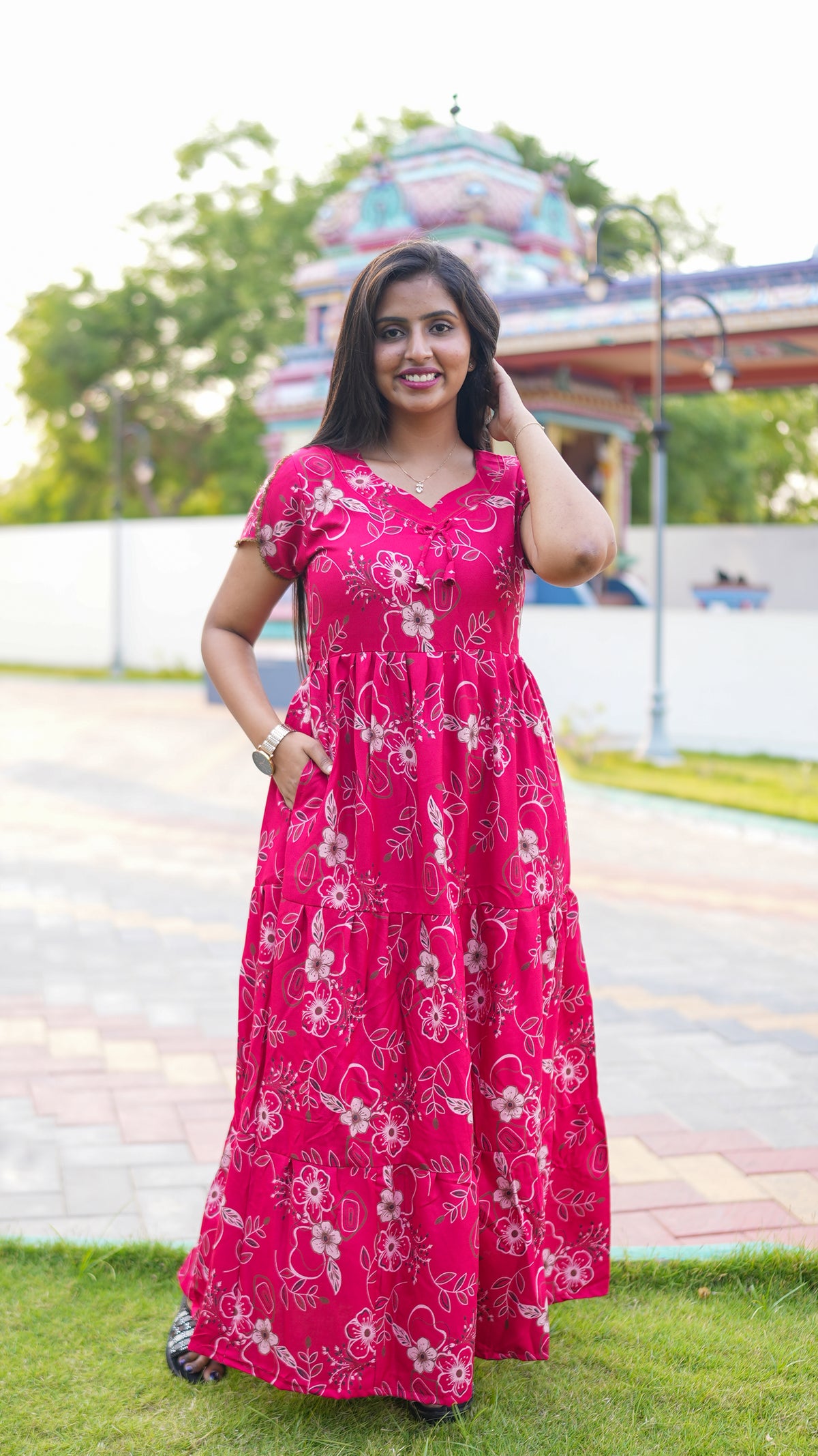 Elegant Magenta Pink Botanical Print Alpine Frock - 3-Layered Long Gown with Petal Sleeves and Practical Side Pocket - Breathable Alpine Full Frock your Stylish Nightwear