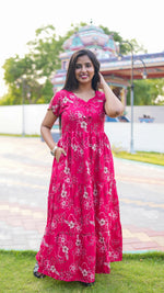 Elegant Magenta Pink Botanical Print Alpine Frock - 3-Layered Long Gown with Petal Sleeves and Practical Side Pocket - Breathable Alpine Full Frock your Stylish Nightwear