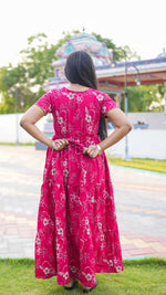 Elegant Magenta Pink Botanical Print Alpine Frock - 3-Layered Long Gown with Petal Sleeves and Practical Side Pocket - Breathable Alpine Full Frock your Stylish Nightwear