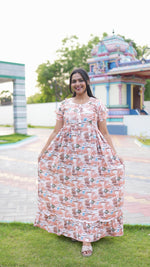 Peach Tribal Mosaic Rayon Feeding Frock – Stylish Front Open Zipper Maternity Dress with Double Layer Sleeves
