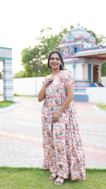 Peach Tribal Mosaic Rayon Feeding Frock – Stylish Front Open Zipper Maternity Dress with Double Layer Sleeves