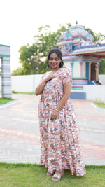 Peach Tribal Mosaic Rayon Feeding Frock – Stylish Front Open Zipper Maternity Dress with Double Layer Sleeves