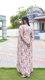 Peach Tribal Mosaic Rayon Feeding Frock – Stylish Front Open Zipper Maternity Dress with Double Layer Sleeves