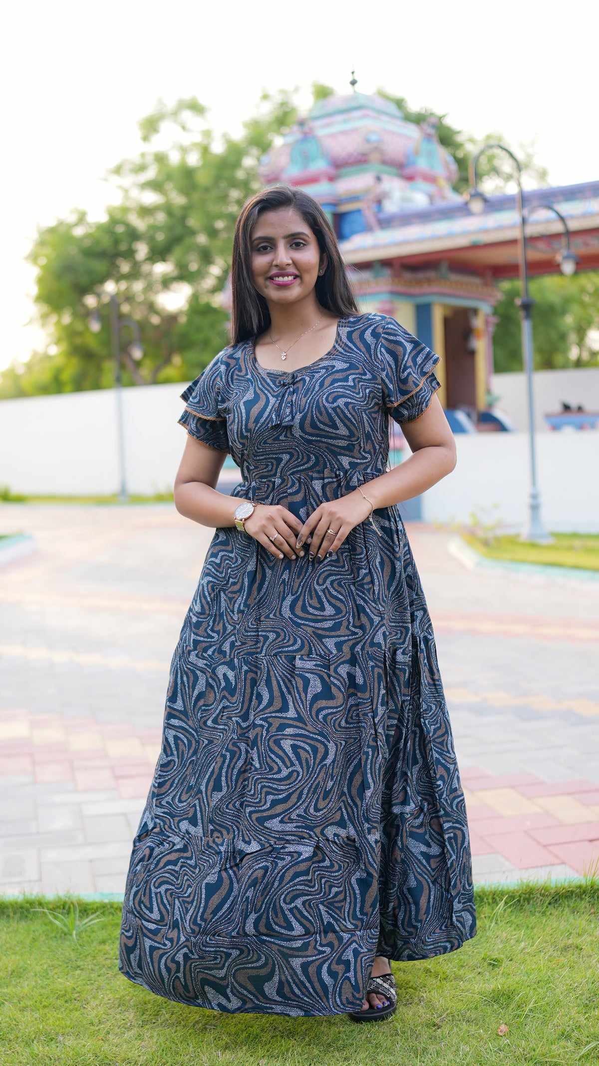 Chocolate Marble Print Alpine 3-Layer Frock – Fancy Double Layer Sleeve Maxi Dress with Side Pocket - Fusion of traditional comfort and modern Frock Nighties