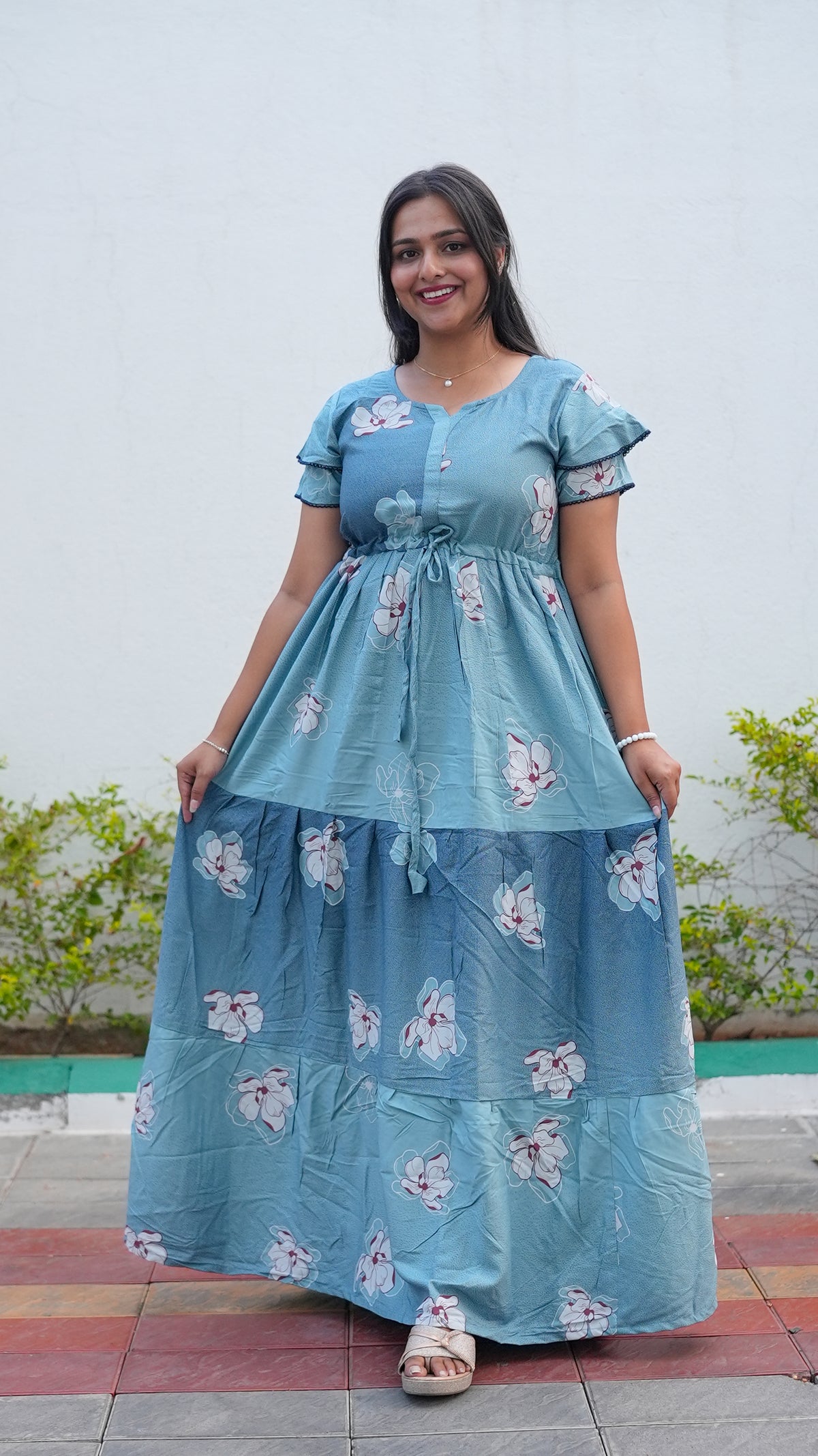 Mauve Grey Floral Rayon Gathering Frock – Stylish Night Gown with Adjustable Front Rope & Double Layer Sleeve Gathering Frock Nightwear