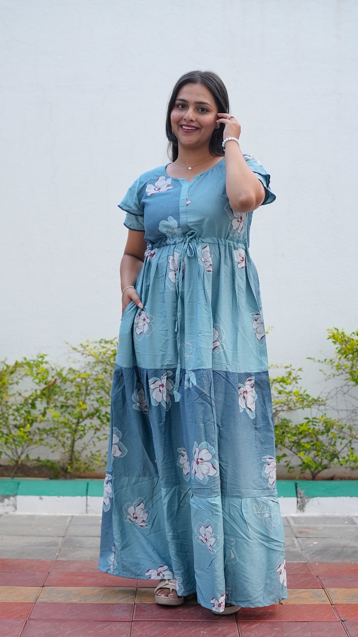 Mauve Grey Floral Rayon Gathering Frock – Stylish Night Gown with Adjustable Front Rope & Double Layer Sleeve Gathering Frock Nightwear