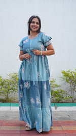 Mauve Grey Floral Rayon Gathering Frock – Stylish Night Gown with Adjustable Front Rope & Double Layer Sleeve Gathering Frock Nightwear