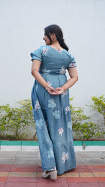 Mauve Grey Floral Rayon Gathering Frock – Stylish Night Gown with Adjustable Front Rope & Double Layer Sleeve Gathering Frock Nightwear