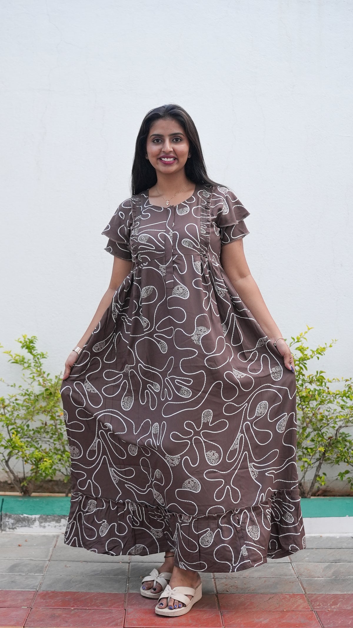 Navy Blue & Teal Floral Rayon Feeding Frock – Stylish Front Open Zipper Maternity Dress with Fancy Double Layer Sleeves