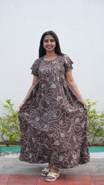 Navy Blue & Teal Floral Rayon Feeding Frock – Stylish Front Open Zipper Maternity Dress with Fancy Double Layer Sleeves
