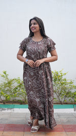 Navy Blue & Teal Floral Rayon Feeding Frock – Stylish Front Open Zipper Maternity Dress with Fancy Double Layer Sleeves