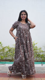 Navy Blue & Teal Floral Rayon Feeding Frock – Stylish Front Open Zipper Maternity Dress with Fancy Double Layer Sleeves