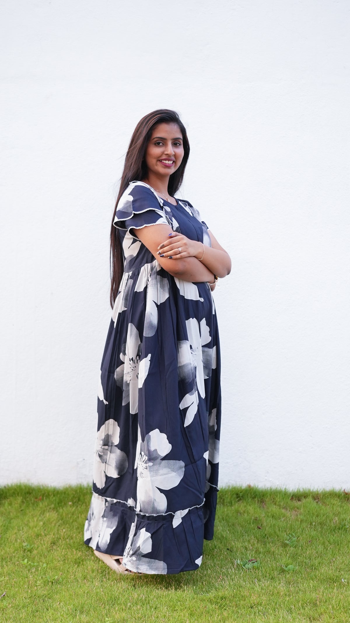 Mint Green Botanical Print Rayon Feeding Frock – Stylish Front Open Zipper Maternity Dress with Double Layer Sleeves