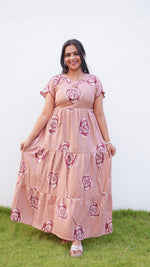 Onion Pink Rose Print Alpine 3-Layer Frock – Fancy Butterfly Petal Sleeve Maxi Dress with Side Pocket - Ideal for all-season comfort Full Frock Nighties