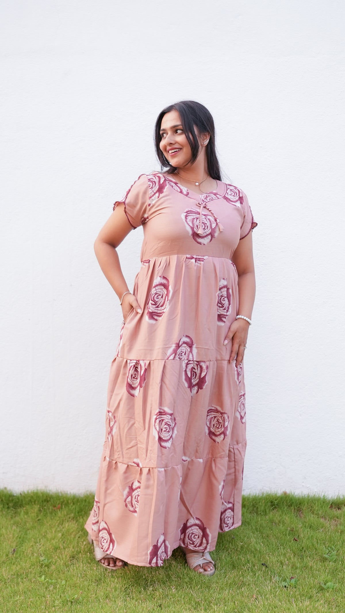 Onion Pink Rose Print Alpine 3-Layer Frock – Fancy Butterfly Petal Sleeve Maxi Dress with Side Pocket - Ideal for all-season comfort Full Frock Nighties