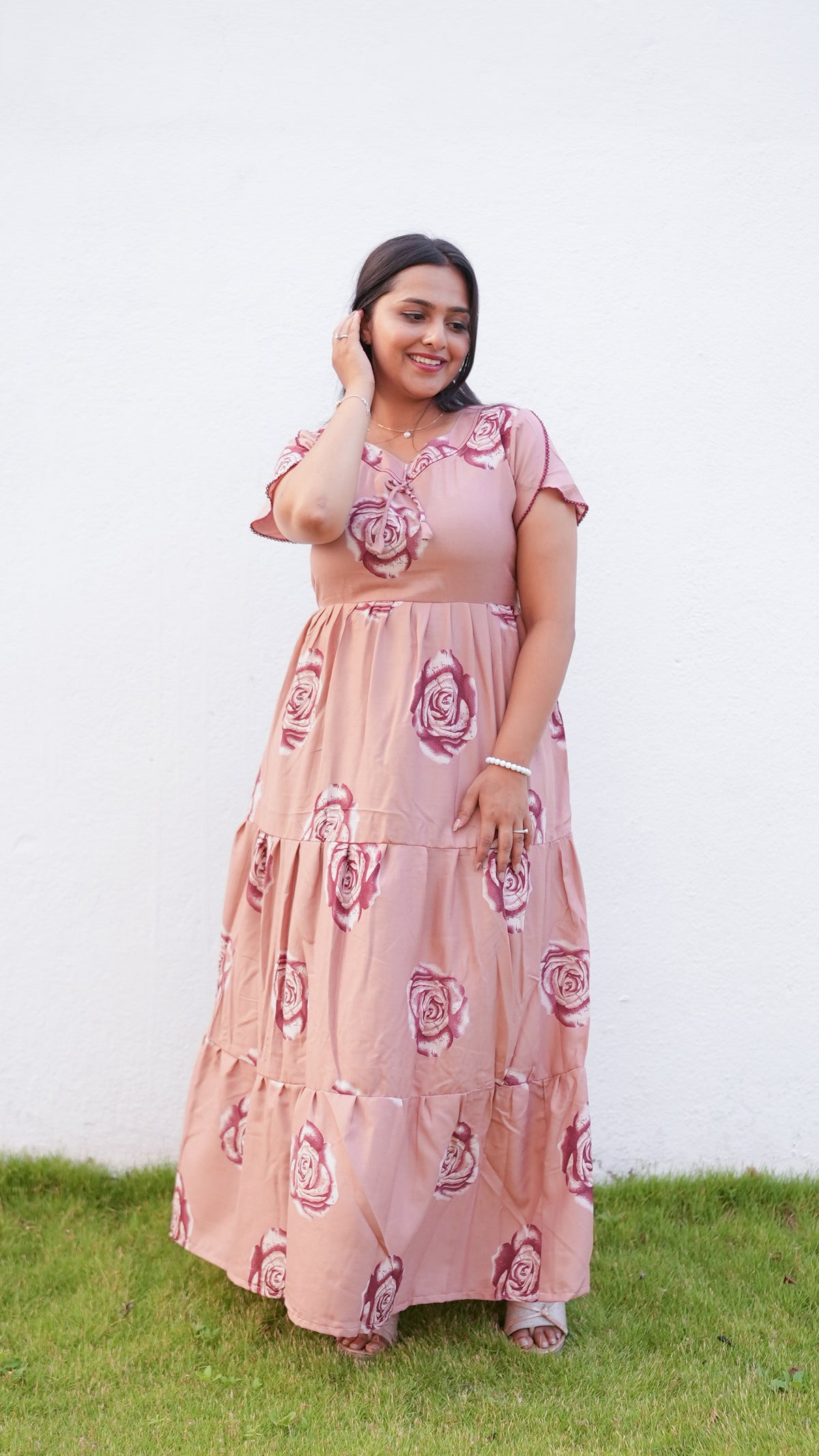 Onion Pink Rose Print Alpine 3-Layer Frock – Fancy Butterfly Petal Sleeve Maxi Dress with Side Pocket - Ideal for all-season comfort Full Frock Nighties