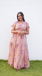 Onion Pink Rose Print Alpine 3-Layer Frock – Fancy Butterfly Petal Sleeve Maxi Dress with Side Pocket - Ideal for all-season comfort Full Frock Nighties