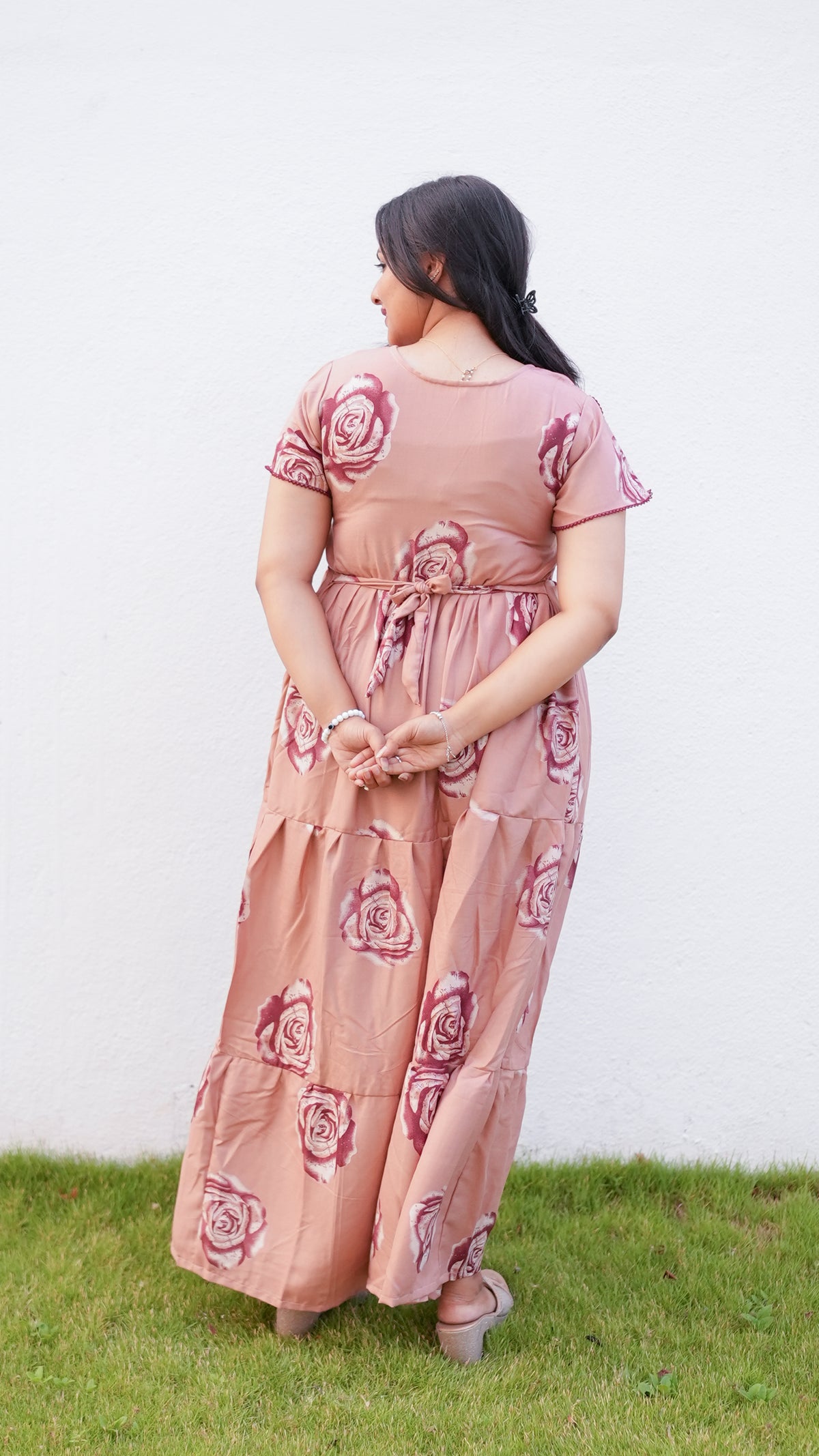 Onion Pink Rose Print Alpine 3-Layer Frock – Fancy Butterfly Petal Sleeve Maxi Dress with Side Pocket - Ideal for all-season comfort Full Frock Nighties