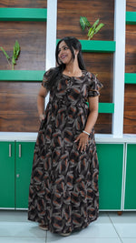 Coffee Brown Leaf Print Alpine 3-Layer Frock – Fancy Double Layer Sleeve Maxi Dress with Side Pocket - High-density Breathable Alpine Full Frock Nightwear