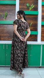 Coffee Brown Leaf Print Alpine 3-Layer Frock – Fancy Double Layer Sleeve Maxi Dress with Side Pocket - High-density Breathable Alpine Full Frock Nightwear