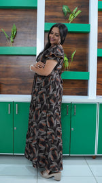 Coffee Brown Leaf Print Alpine 3-Layer Frock – Fancy Double Layer Sleeve Maxi Dress with Side Pocket - High-density Breathable Alpine Full Frock Nightwear