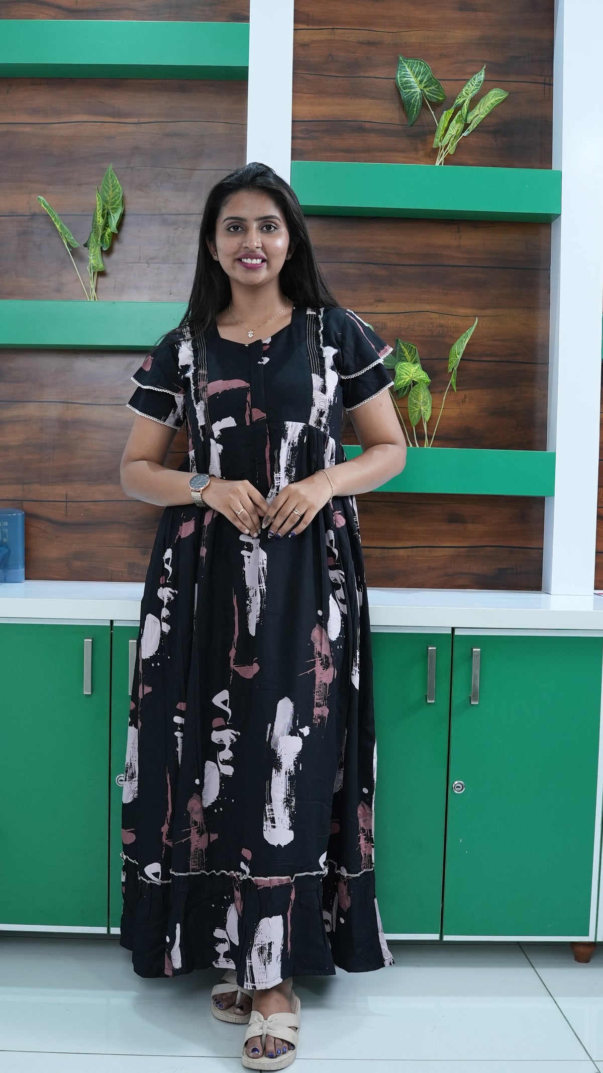 Midnight Black Abstract Brushstroke Rayon Feeding Frock – Stylish Front Open Zipper Maternity Dress with Double Layer Sleeves
