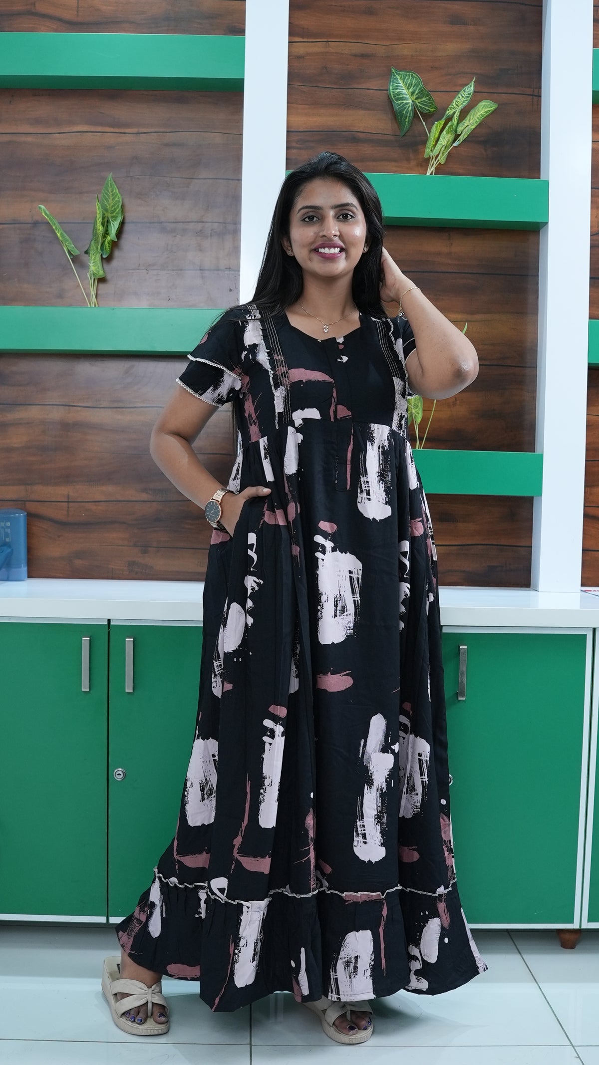 Midnight Black Abstract Brushstroke Rayon Feeding Frock – Stylish Front Open Zipper Maternity Dress with Double Layer Sleeves