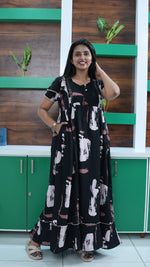 Midnight Black Abstract Brushstroke Rayon Feeding Frock – Stylish Front Open Zipper Maternity Dress with Double Layer Sleeves
