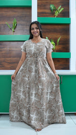 Dusty Grape Linear Floral Rayon Gathering Frock – Adjustable Front Rope Night Gown with Double Layer Sleeve