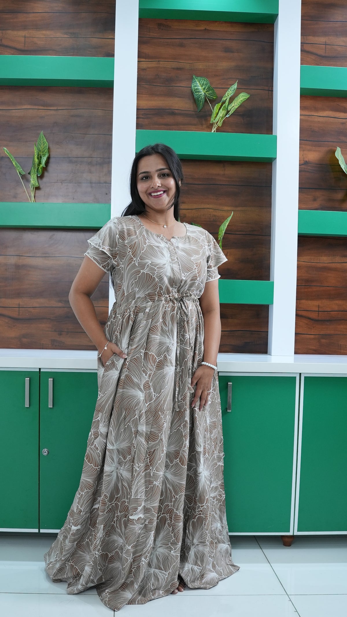 Dusty Grape Linear Floral Rayon Gathering Frock – Adjustable Front Rope Night Gown with Double Layer Sleeve