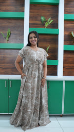 Dusty Grape Linear Floral Rayon Gathering Frock – Adjustable Front Rope Night Gown with Double Layer Sleeve