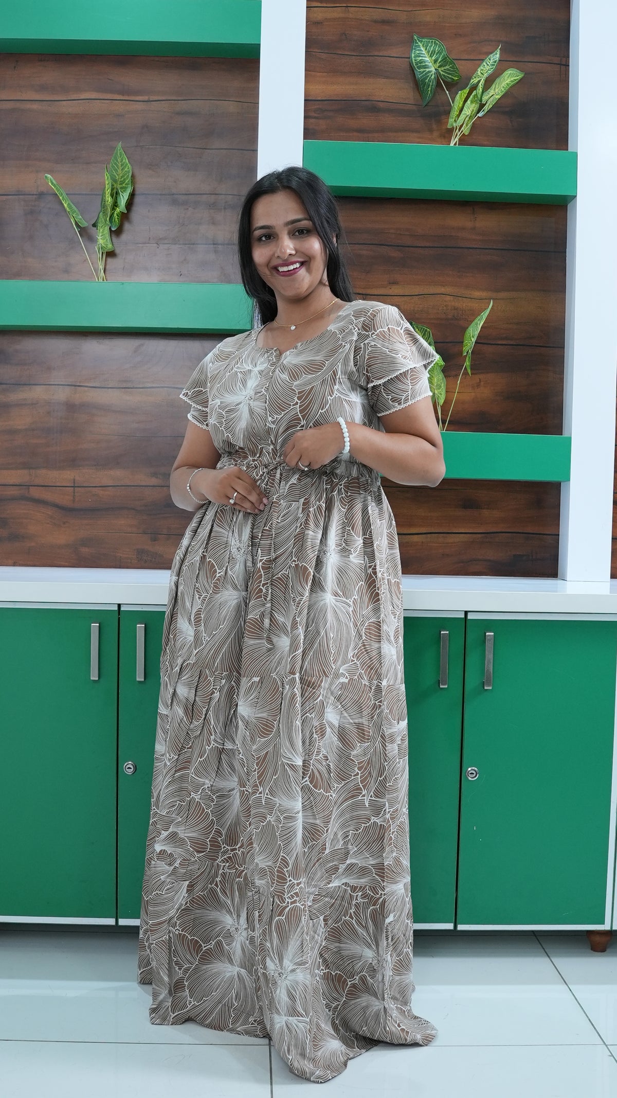 Dusty Grape Linear Floral Rayon Gathering Frock – Adjustable Front Rope Night Gown with Double Layer Sleeve