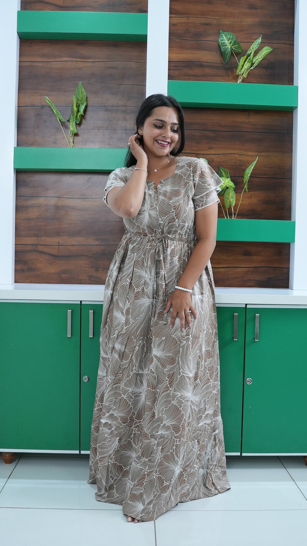 Dusty Grape Linear Floral Rayon Gathering Frock – Adjustable Front Rope Night Gown with Double Layer Sleeve