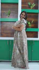 Dusty Grape Linear Floral Rayon Gathering Frock – Adjustable Front Rope Night Gown with Double Layer Sleeve