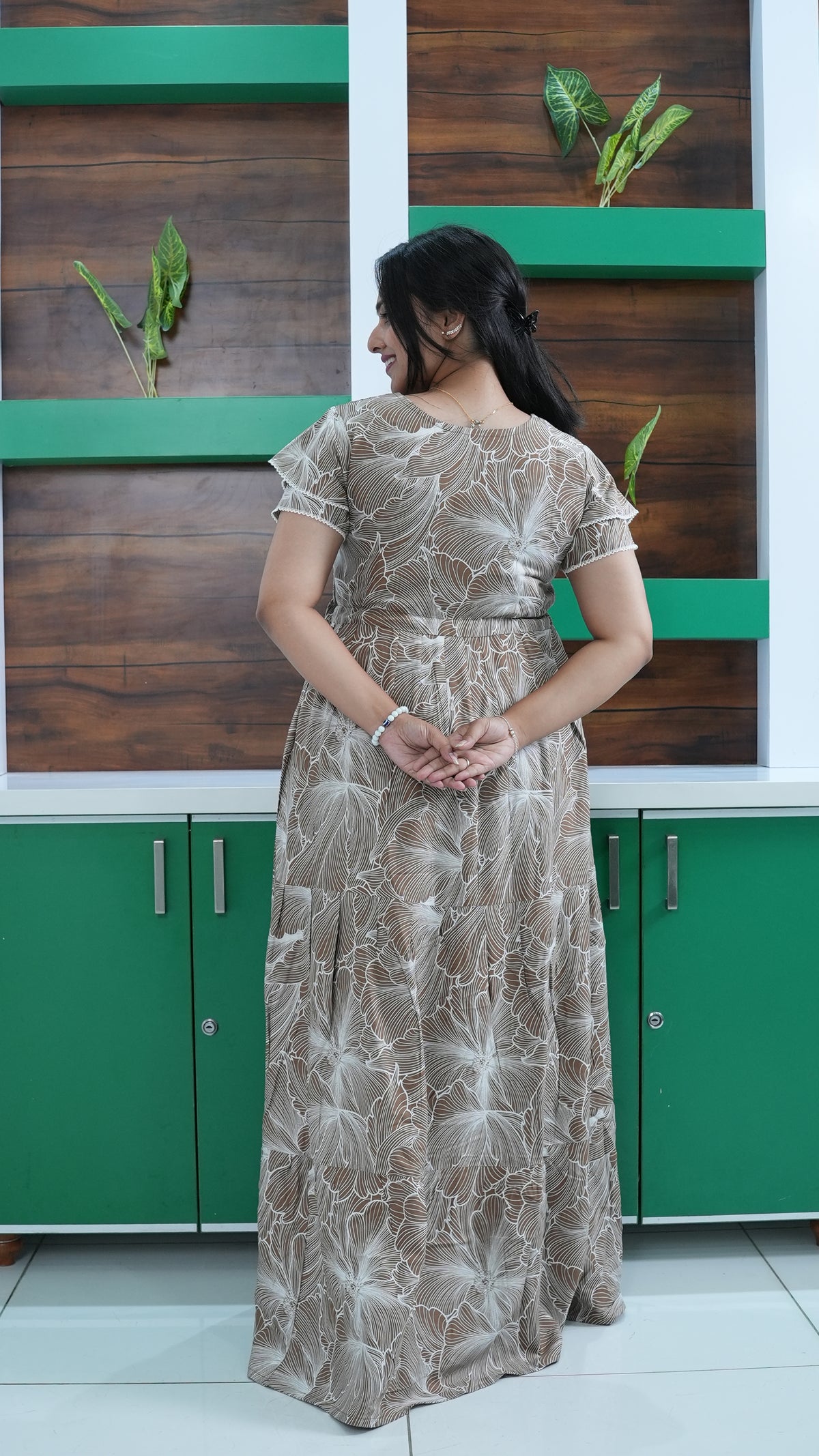 Dusty Grape Linear Floral Rayon Gathering Frock – Adjustable Front Rope Night Gown with Double Layer Sleeve