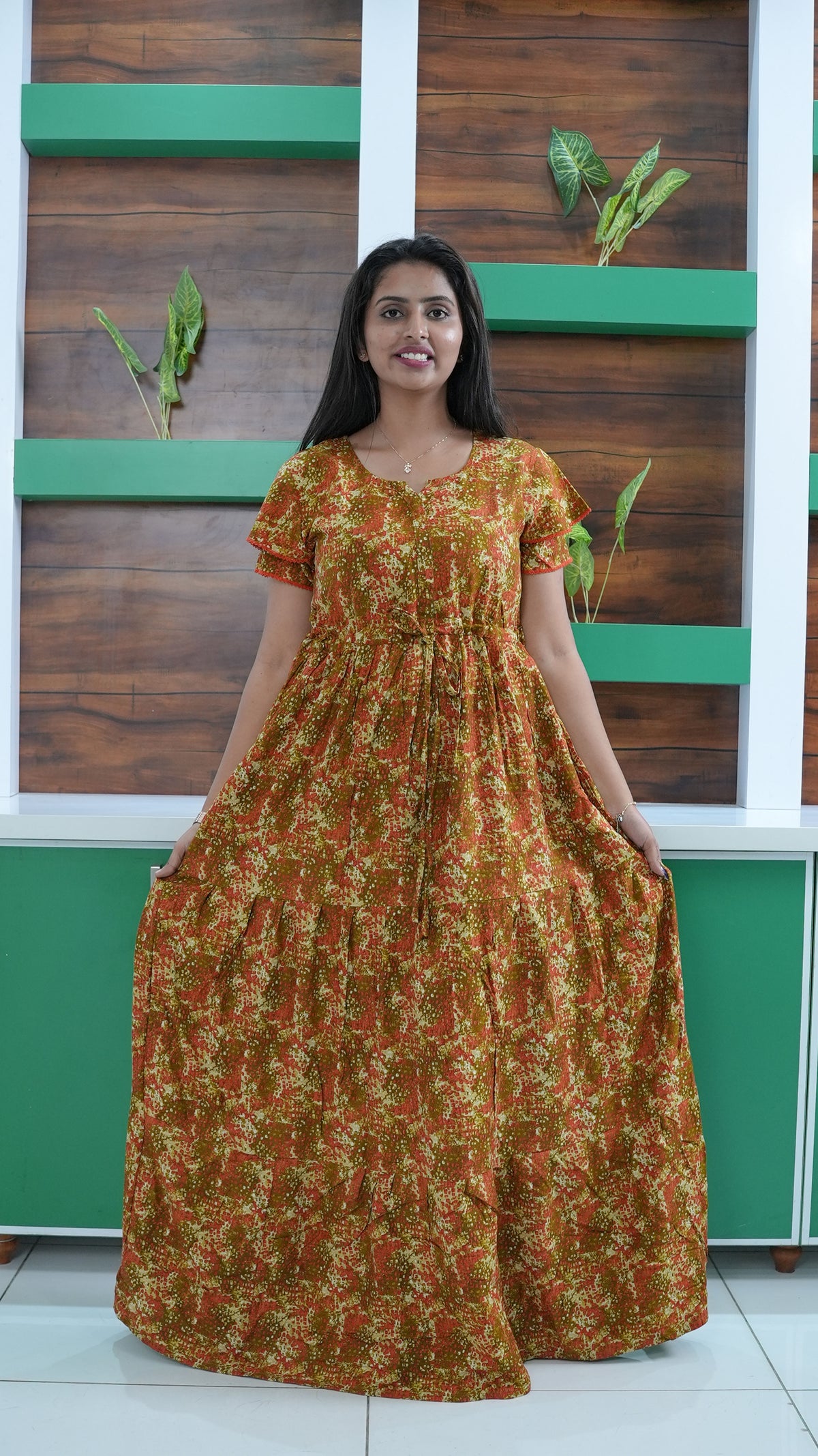 Terracotta & Magenta Abstract Print Rayon Gathering Frock – Stylish Front Rope Adjustable Nighty