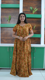 Terracotta & Magenta Abstract Print Rayon Gathering Frock – Stylish Front Rope Adjustable Nighty