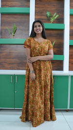 Terracotta & Magenta Abstract Print Rayon Gathering Frock – Stylish Front Rope Adjustable Nighty