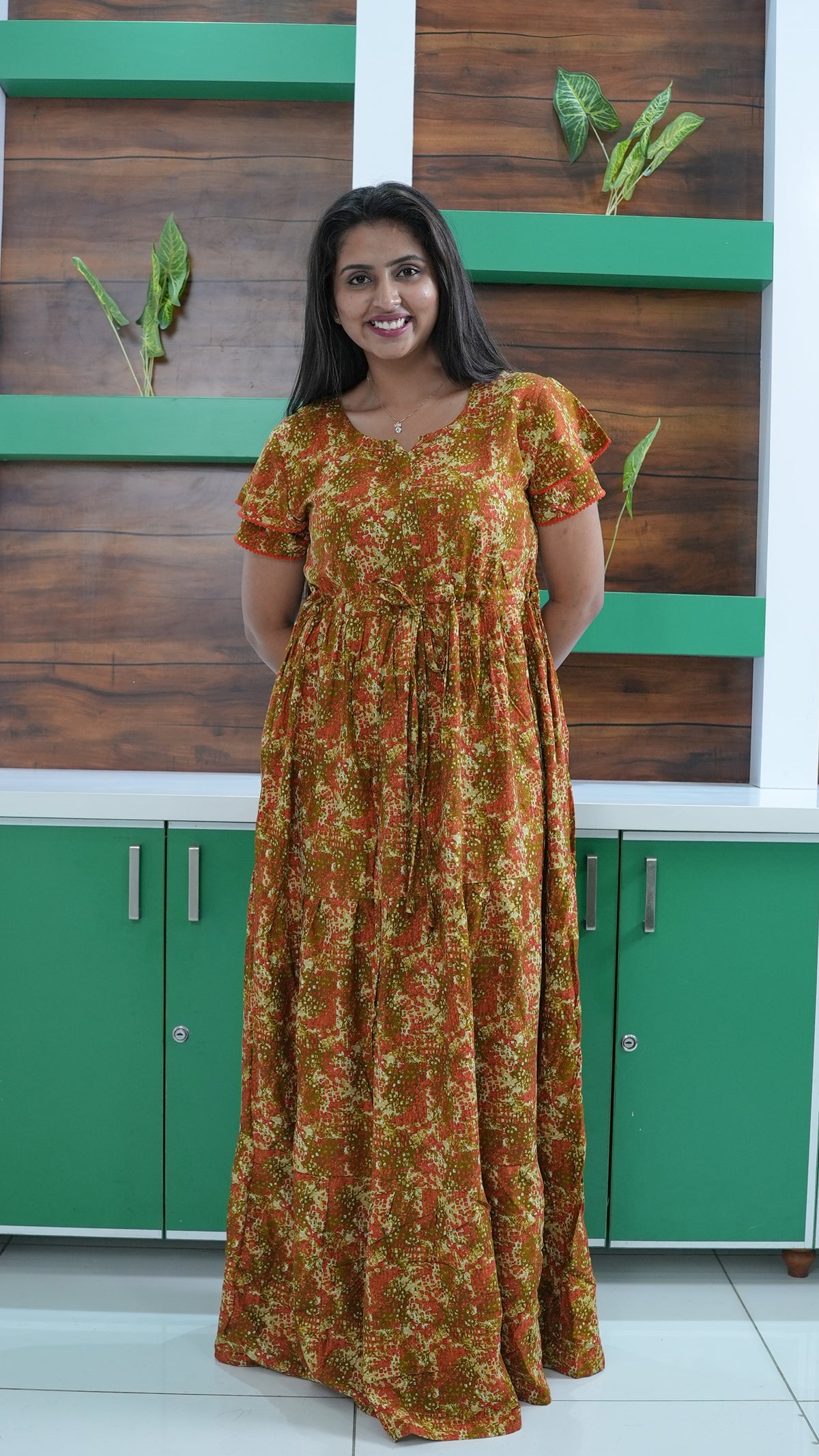 Terracotta & Magenta Abstract Print Rayon Gathering Frock – Stylish Front Rope Adjustable Nighty