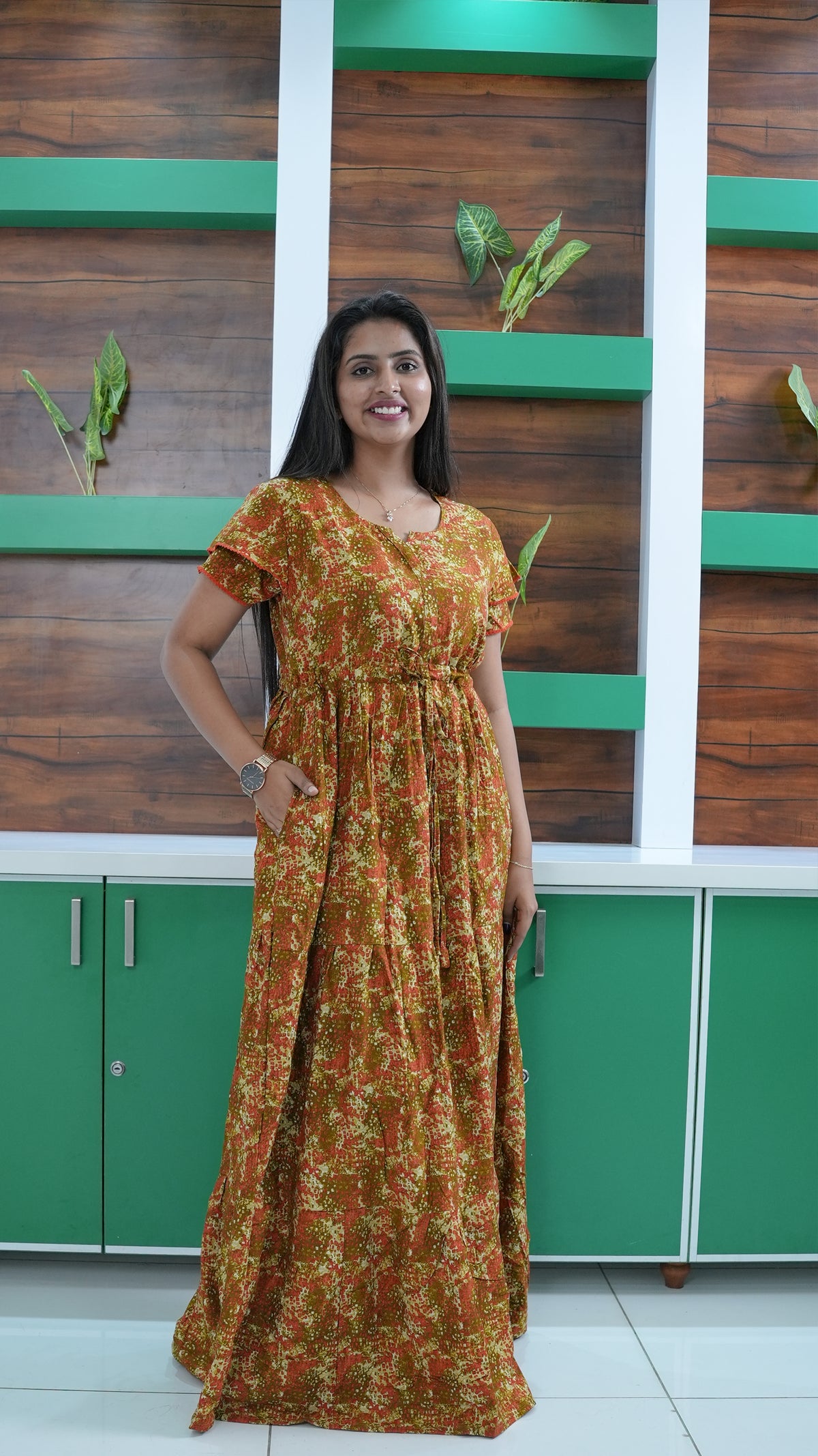 Terracotta & Magenta Abstract Print Rayon Gathering Frock – Stylish Front Rope Adjustable Nighty