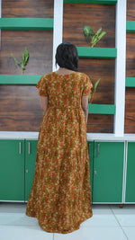 Terracotta & Magenta Abstract Print Rayon Gathering Frock – Stylish Front Rope Adjustable Nighty