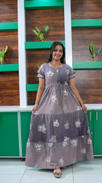 Mauve Grey Floral Rayon Gathering Frock – Stylish Night Gown with Adjustable Front Rope & Double Layer Sleeve Gathering Frock Nightwear