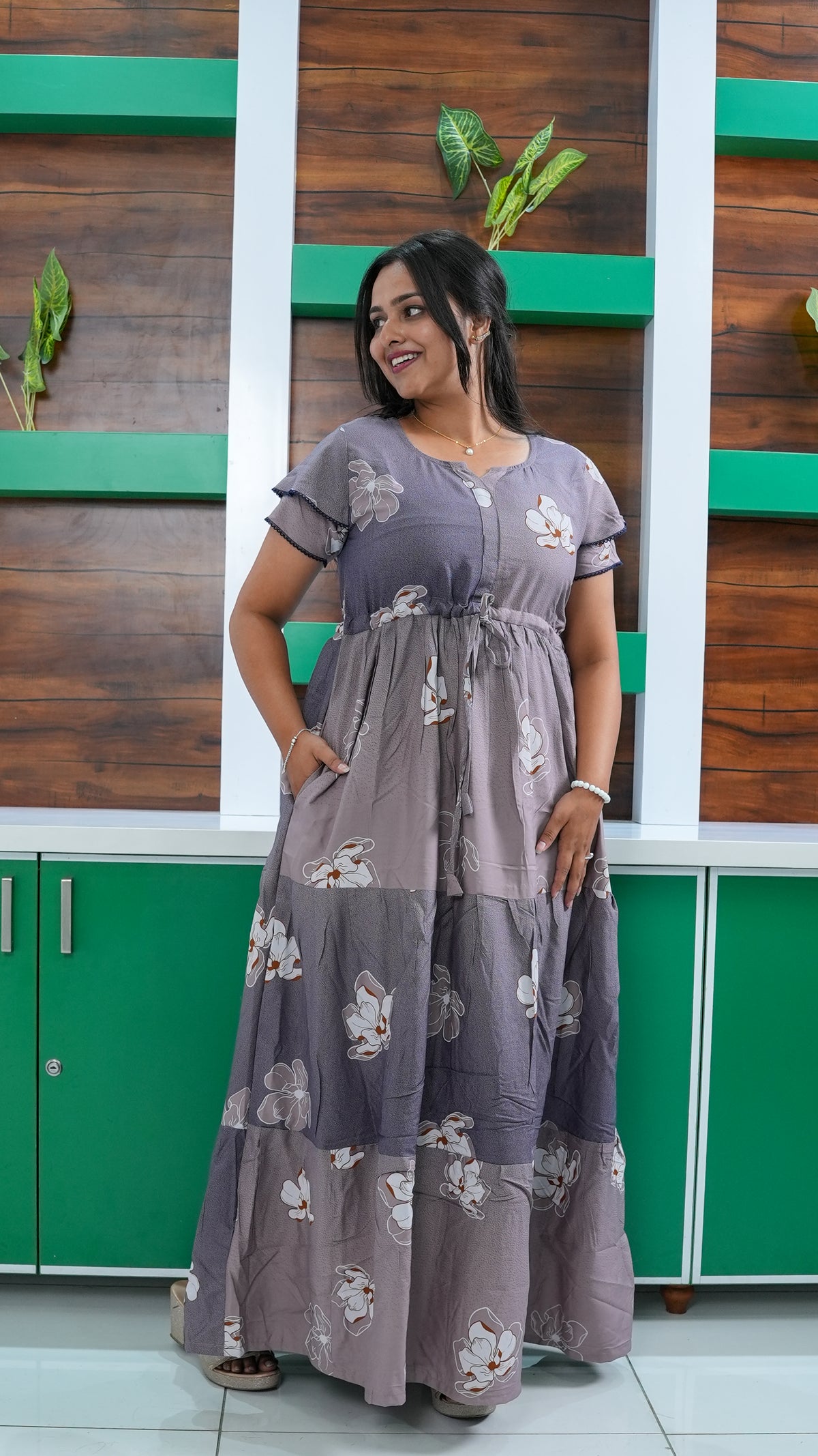 Mauve Grey Floral Rayon Gathering Frock – Stylish Night Gown with Adjustable Front Rope & Double Layer Sleeve Gathering Frock Nightwear