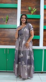 Mauve Grey Floral Rayon Gathering Frock – Stylish Night Gown with Adjustable Front Rope & Double Layer Sleeve Gathering Frock Nightwear