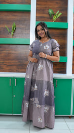 Mauve Grey Floral Rayon Gathering Frock – Stylish Night Gown with Adjustable Front Rope & Double Layer Sleeve Gathering Frock Nightwear