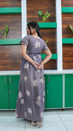 Mauve Grey Floral Rayon Gathering Frock – Stylish Night Gown with Adjustable Front Rope & Double Layer Sleeve Gathering Frock Nightwear