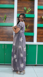 Mauve Grey Floral Rayon Gathering Frock – Stylish Night Gown with Adjustable Front Rope & Double Layer Sleeve Gathering Frock Nightwear